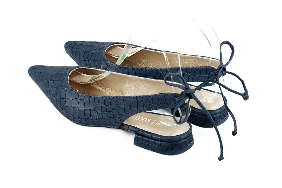 Women's denim blue elegant slingback heels. Pointed toe. Flat flare heels - Rear view